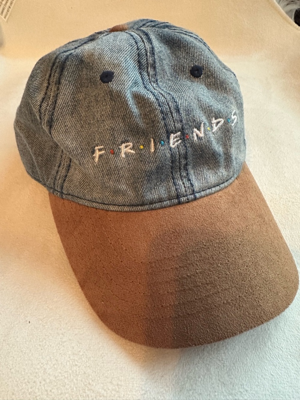 Like New Friends Logo Denim Baseball Cap with Brown Brim